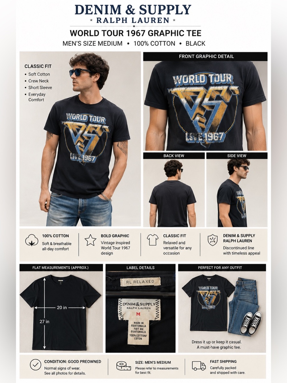 Denim & Supply Ralph Lauren World Tour 1967 Graphic T Shirt Black Men’s M